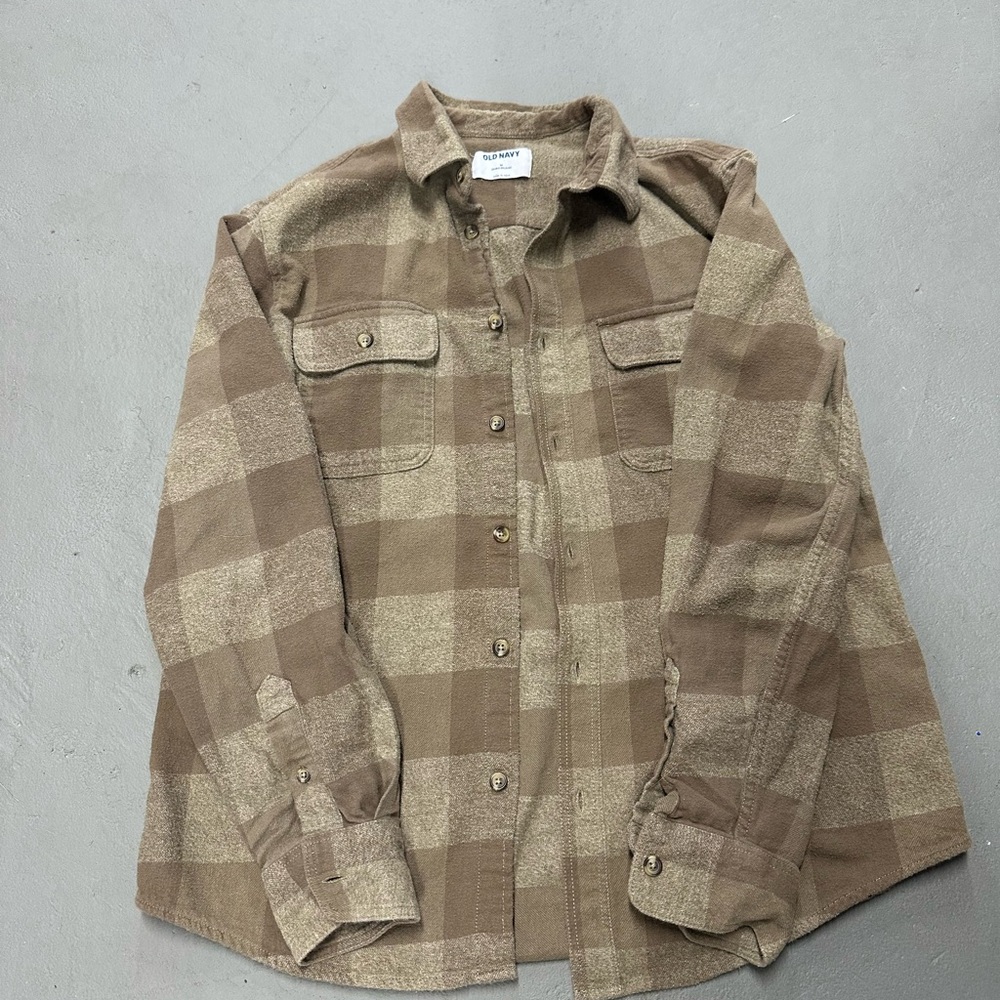 Old Navy Tan and Brown Plaid Flannel Shirt